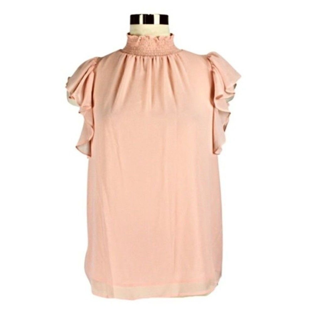 Top High Collar Ruffled Short Flutter Sleeves Keyhole Button Closure Pink Medium - Picture 2 of 6